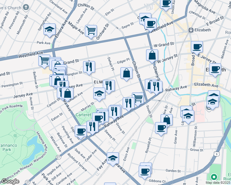 map of restaurants, bars, coffee shops, grocery stores, and more near 333 Vine Street in Elizabeth