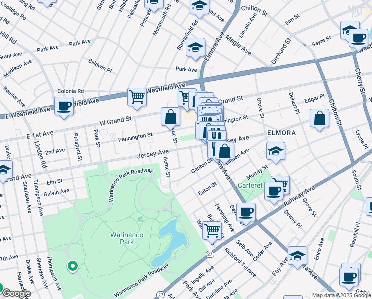 map of restaurants, bars, coffee shops, grocery stores, and more near 129 Berwick Street in Elizabeth