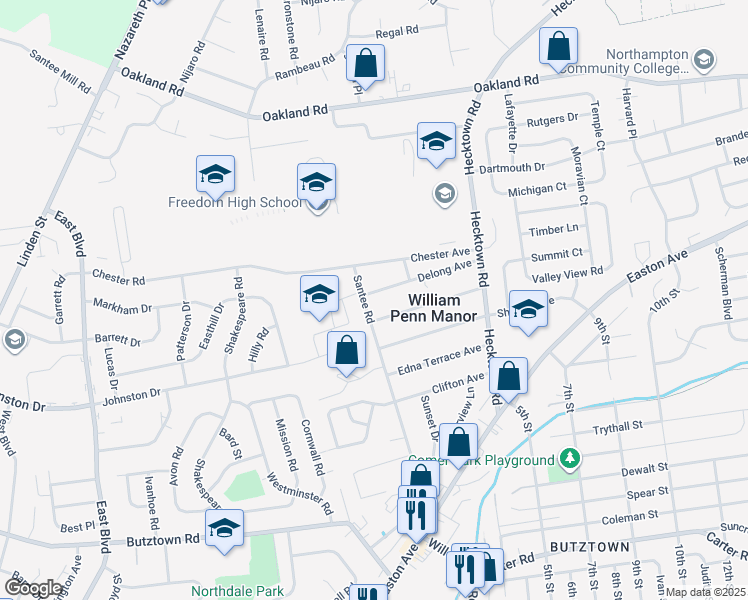 map of restaurants, bars, coffee shops, grocery stores, and more near 3203 Santee Road in Bethlehem