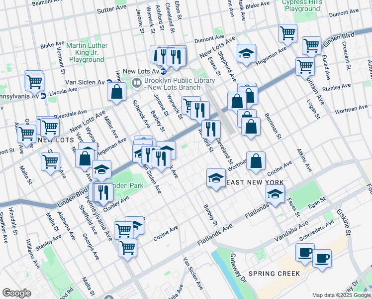 map of restaurants, bars, coffee shops, grocery stores, and more near 785 Linden Boulevard in Brooklyn