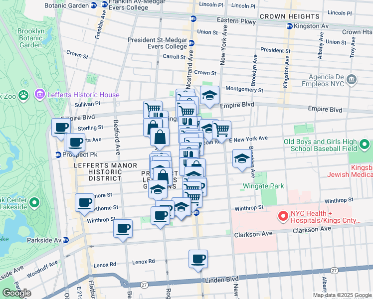 map of restaurants, bars, coffee shops, grocery stores, and more near 1092 Nostrand Avenue in Brooklyn