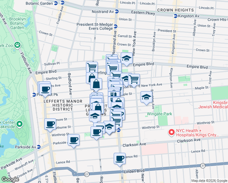 map of restaurants, bars, coffee shops, grocery stores, and more near 1092 Nostrand Avenue in Brooklyn