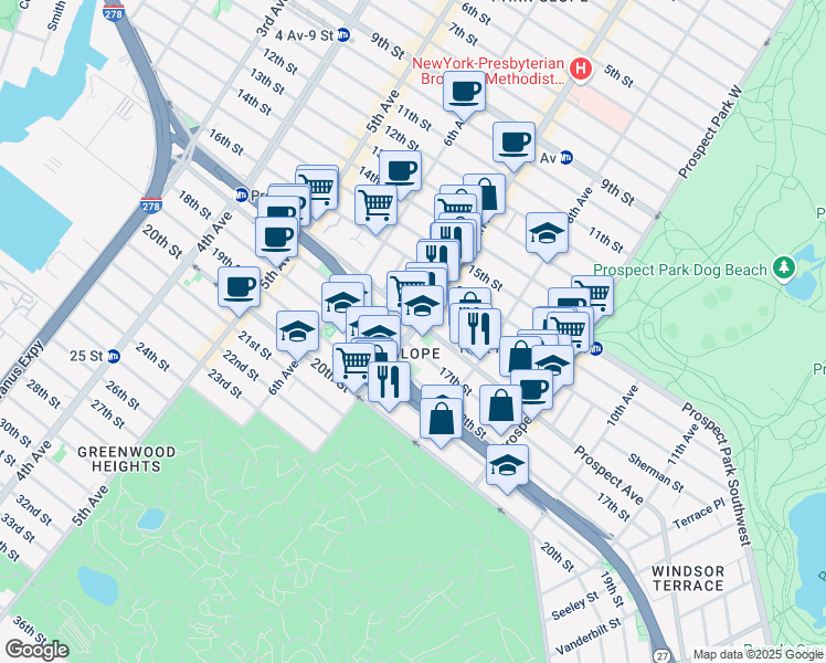 map of restaurants, bars, coffee shops, grocery stores, and more near 507 7th Avenue in Brooklyn