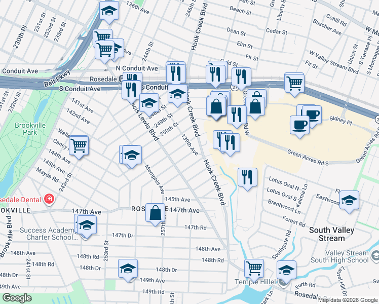 map of restaurants, bars, coffee shops, grocery stores, and more near 140-28 255th Street in Queens