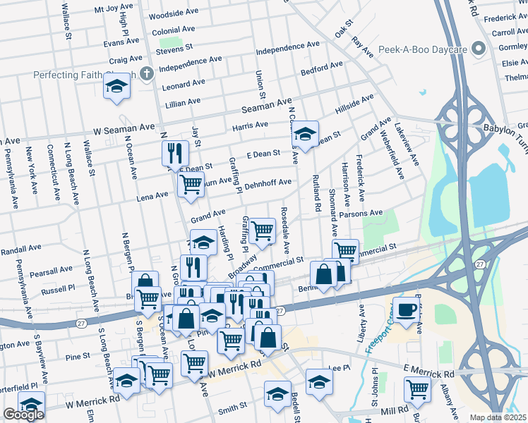 map of restaurants, bars, coffee shops, grocery stores, and more near 77 Mount Avenue in Freeport