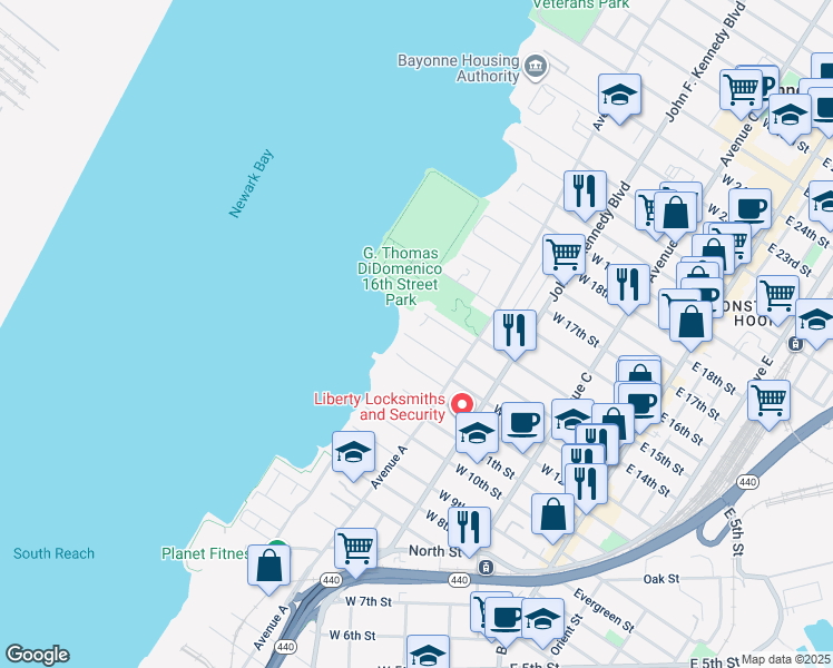 map of restaurants, bars, coffee shops, grocery stores, and more near 29 Washington Parkway in Bayonne