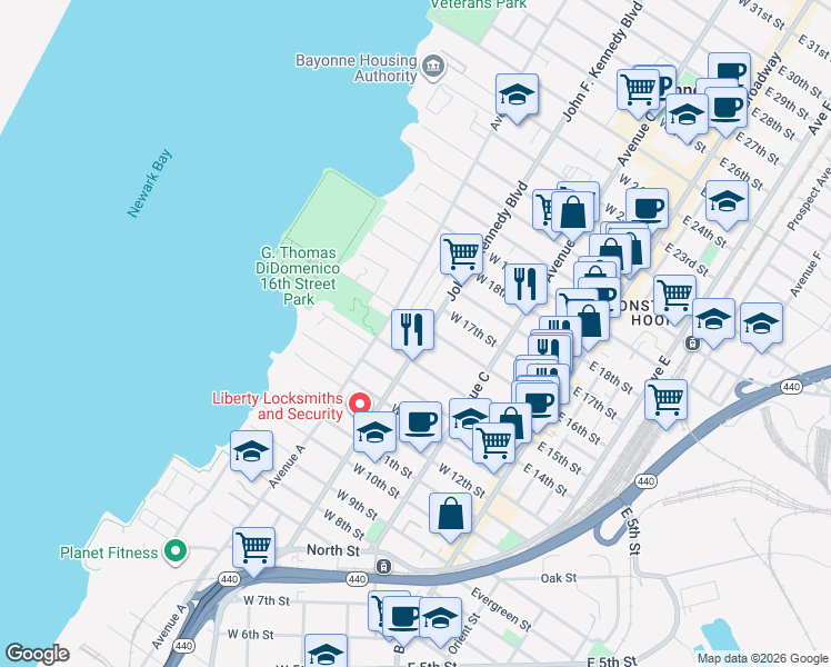map of restaurants, bars, coffee shops, grocery stores, and more near 97 West 15th Street in Bayonne