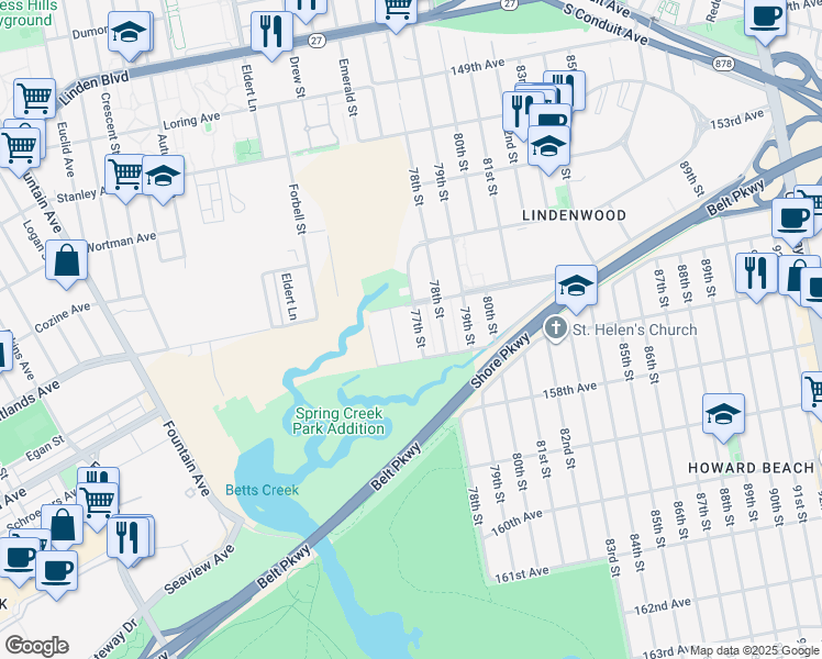 map of restaurants, bars, coffee shops, grocery stores, and more near 156-24 77th Street in Queens