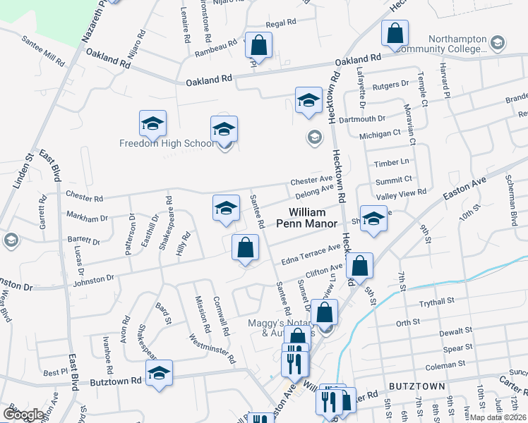 map of restaurants, bars, coffee shops, grocery stores, and more near 3203 Santee Road in Bethlehem