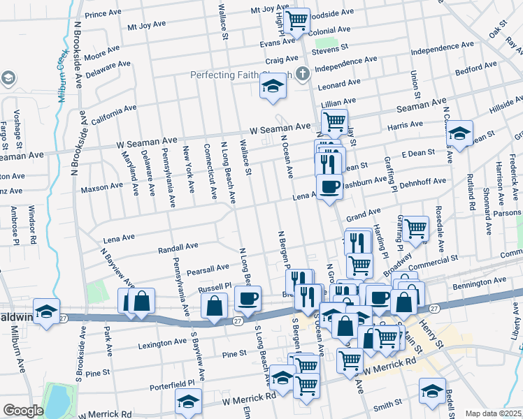 map of restaurants, bars, coffee shops, grocery stores, and more near 92 Wallace Street in Freeport