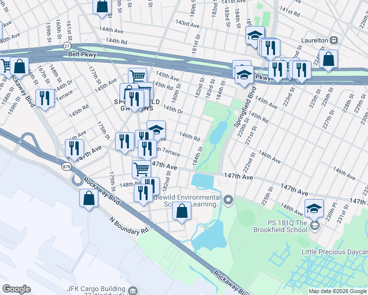map of restaurants, bars, coffee shops, grocery stores, and more near 146-45 182nd Street in Queens