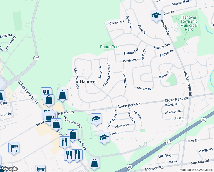 map of restaurants, bars, coffee shops, grocery stores, and more near 3532 Stephen Crane Lane in Bethlehem
