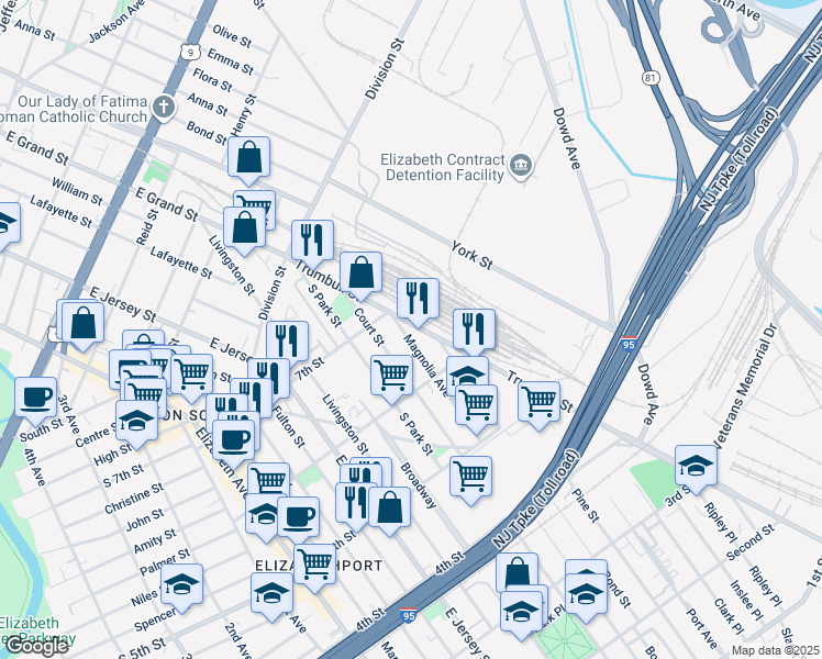 map of restaurants, bars, coffee shops, grocery stores, and more near 635 Court Street in Elizabeth