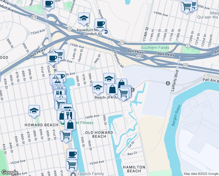 map of restaurants, bars, coffee shops, grocery stores, and more near 100-05 159th Avenue in Queens