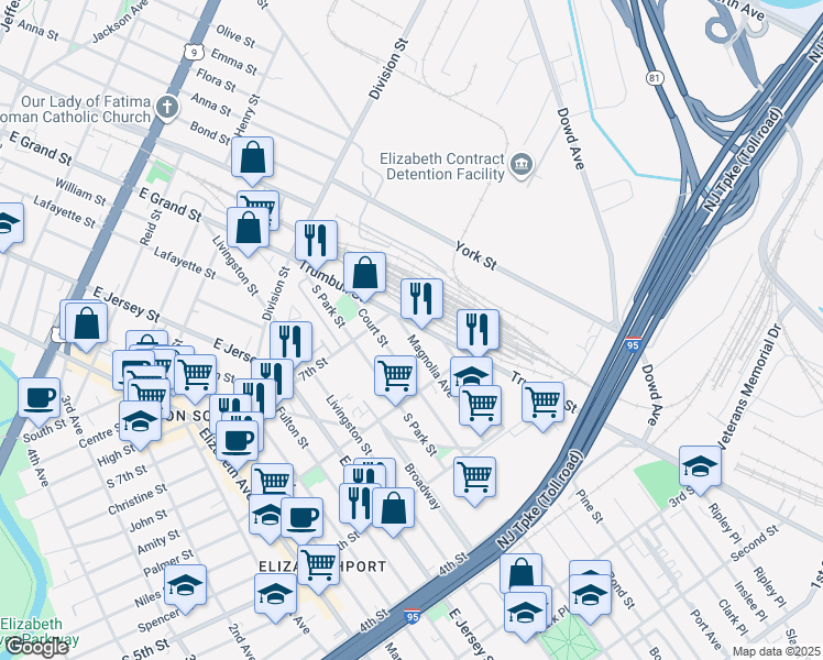 map of restaurants, bars, coffee shops, grocery stores, and more near 635 Court Street in Elizabeth