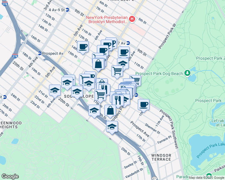 map of restaurants, bars, coffee shops, grocery stores, and more near 1601 8th Avenue in Brooklyn