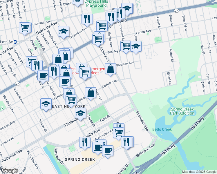 map of restaurants, bars, coffee shops, grocery stores, and more near 750 Milford Street in Brooklyn