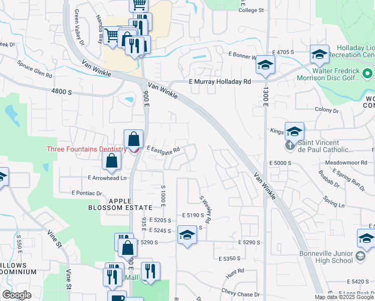 map of restaurants, bars, coffee shops, grocery stores, and more near 4971 South Beaverbrook Lane in Salt Lake City