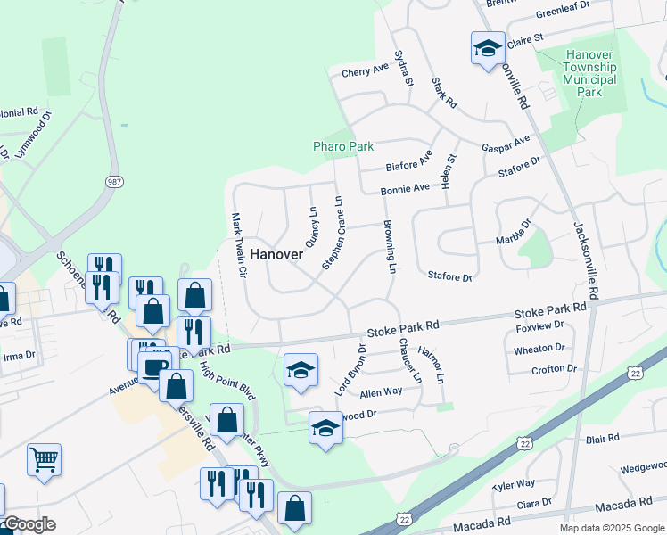 map of restaurants, bars, coffee shops, grocery stores, and more near 3532 Stephen Crane Lane in Bethlehem