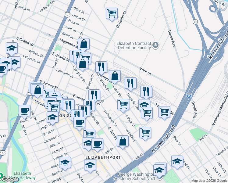 map of restaurants, bars, coffee shops, grocery stores, and more near 200 7th Street in Elizabeth