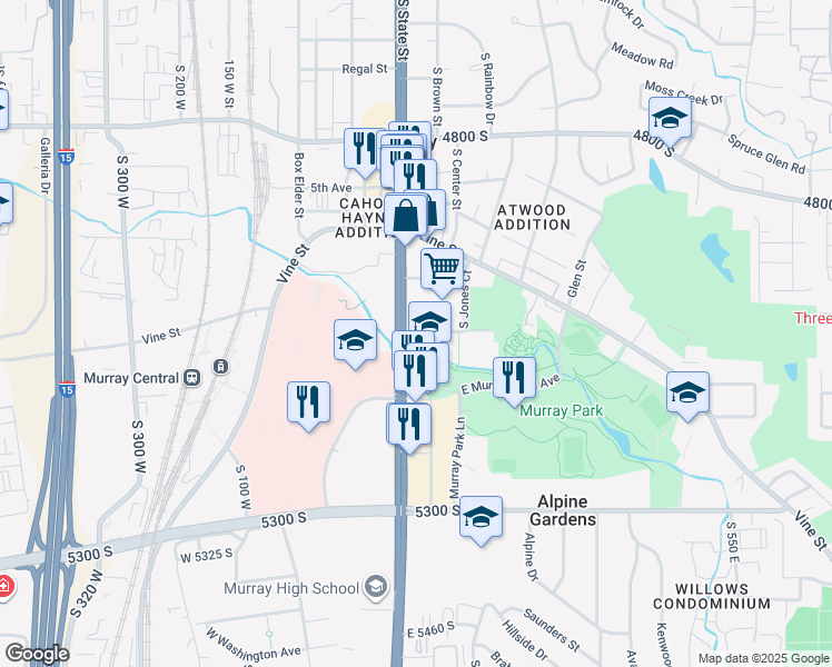 map of restaurants, bars, coffee shops, grocery stores, and more near 118 East Myrtle Avenue in Salt Lake City