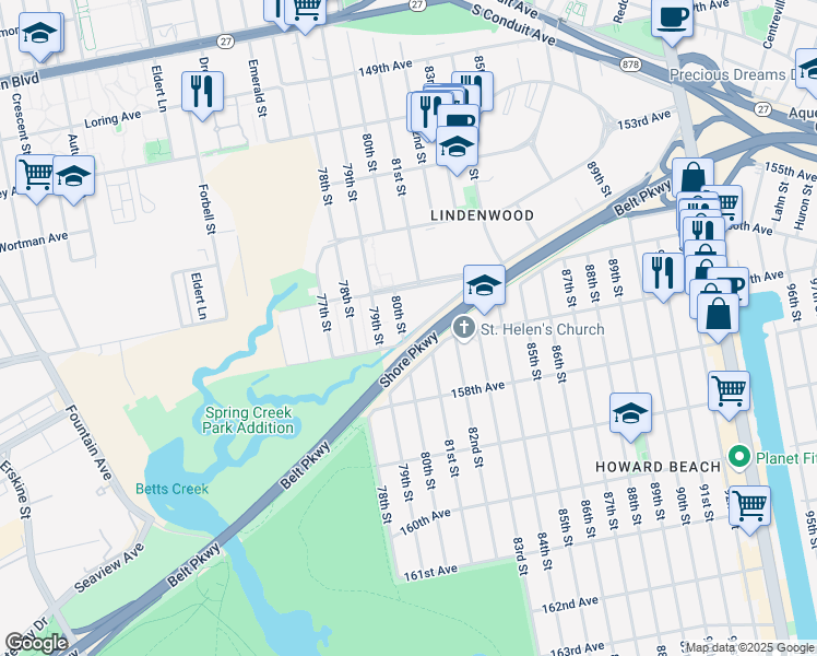 map of restaurants, bars, coffee shops, grocery stores, and more near 156-21 80th Street in Queens