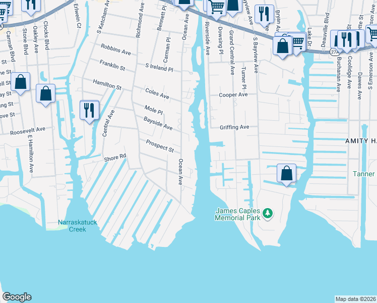 map of restaurants, bars, coffee shops, grocery stores, and more near 3 Bayside Avenue in Amityville