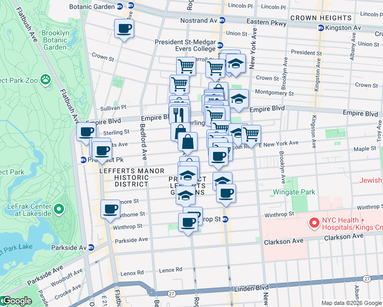 map of restaurants, bars, coffee shops, grocery stores, and more near 246 Lefferts Avenue in Brooklyn