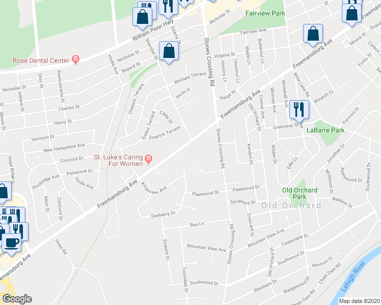 map of restaurants, bars, coffee shops, grocery stores, and more near 4004 Freemansburg Avenue in Easton