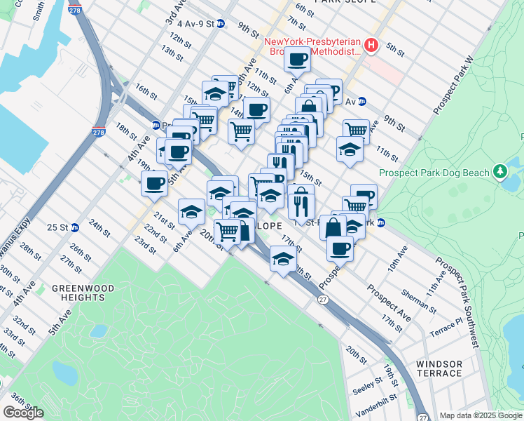map of restaurants, bars, coffee shops, grocery stores, and more near 373 Prospect Avenue in Brooklyn