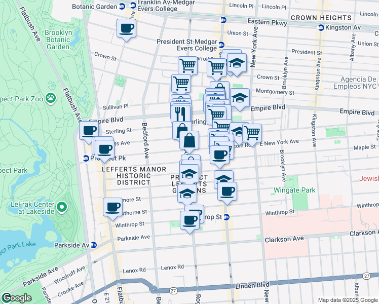 map of restaurants, bars, coffee shops, grocery stores, and more near 246 Lefferts Avenue in Brooklyn