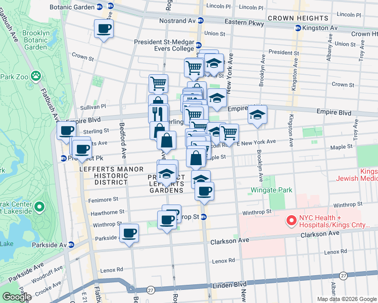 map of restaurants, bars, coffee shops, grocery stores, and more near 1046 Nostrand Avenue in Brooklyn