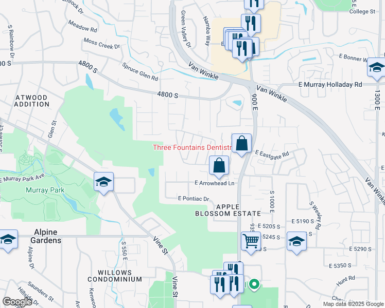 map of restaurants, bars, coffee shops, grocery stores, and more near 725 East 3 Fountains Circle in Murray