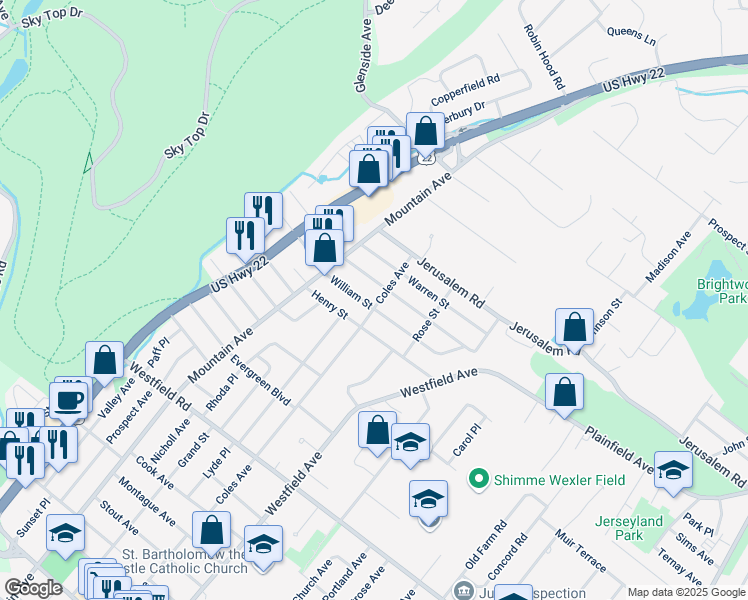 map of restaurants, bars, coffee shops, grocery stores, and more near 351 William Street in Scotch Plains