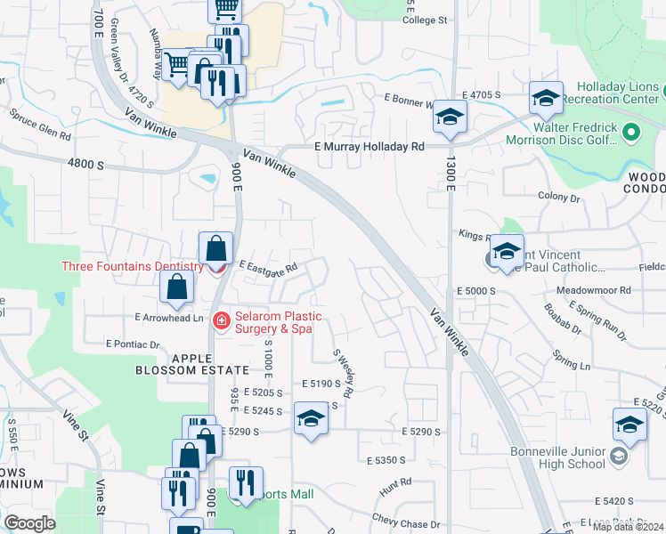 map of restaurants, bars, coffee shops, grocery stores, and more near 4931 South 1065 East in Salt Lake City