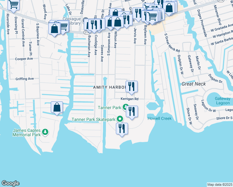 map of restaurants, bars, coffee shops, grocery stores, and more near 62 Wilson Avenue in Amityville