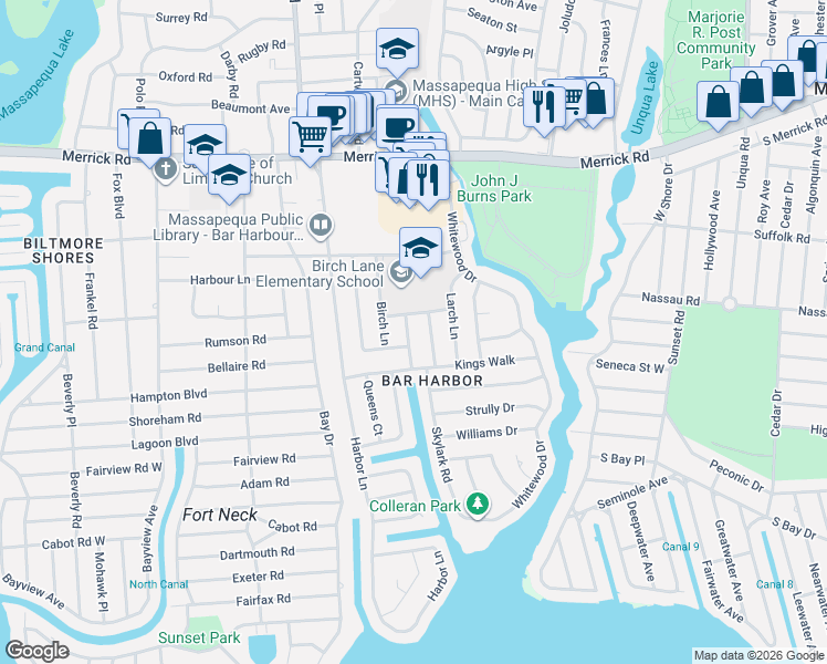 map of restaurants, bars, coffee shops, grocery stores, and more near 51 Rainbow Road in Massapequa Park