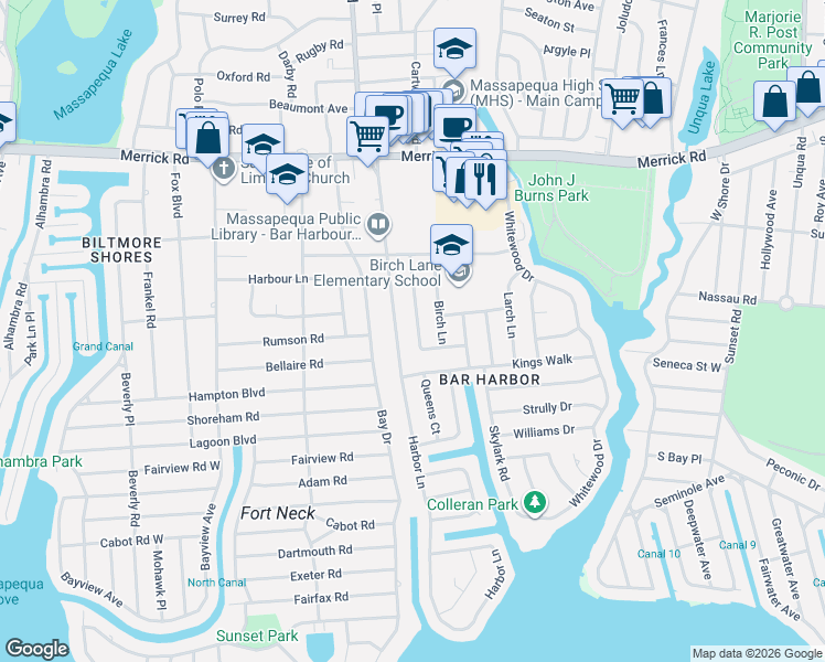 map of restaurants, bars, coffee shops, grocery stores, and more near 70 Laurel Drive in Massapequa Park