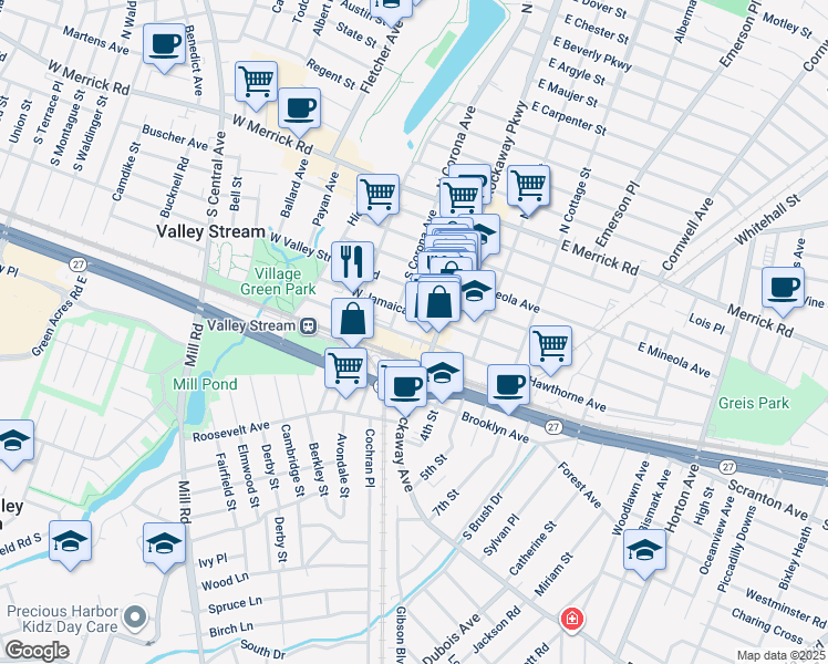 map of restaurants, bars, coffee shops, grocery stores, and more near 99 South Corona Avenue in Valley Stream