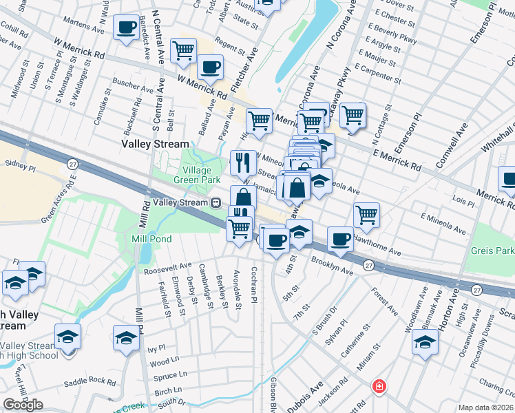 map of restaurants, bars, coffee shops, grocery stores, and more near in Valley Stream