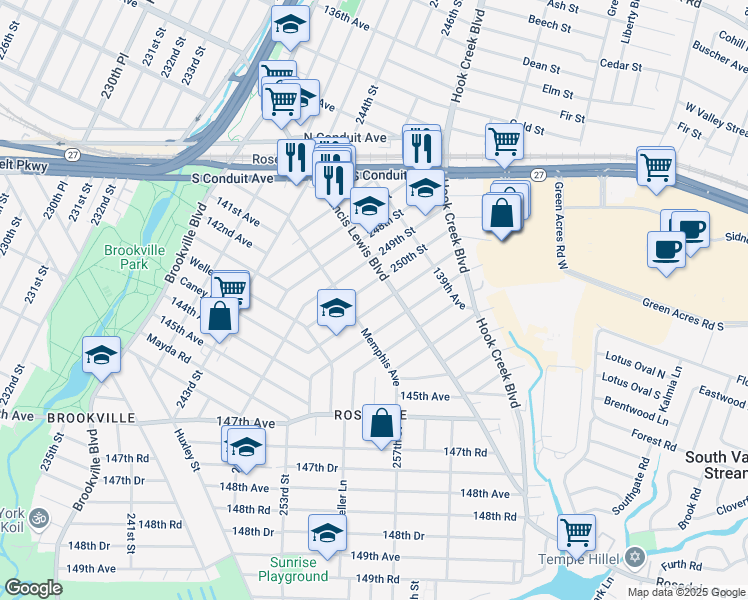 map of restaurants, bars, coffee shops, grocery stores, and more near 141-05 250th Street in Queens