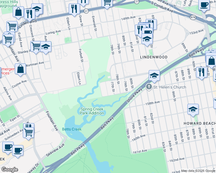 map of restaurants, bars, coffee shops, grocery stores, and more near 7602 156th Avenue in Queens