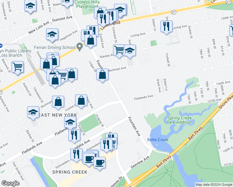 map of restaurants, bars, coffee shops, grocery stores, and more near 692 Cozine Avenue in Brooklyn