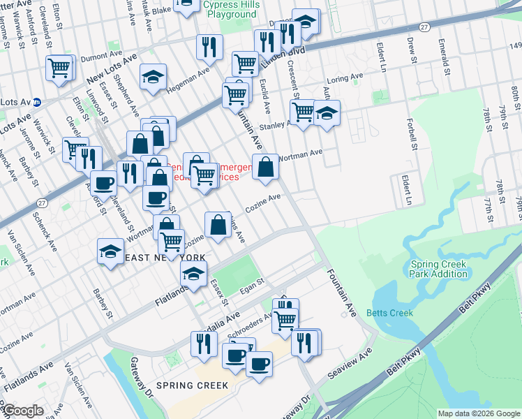 map of restaurants, bars, coffee shops, grocery stores, and more near 612 Wortman Ave in Brooklyn