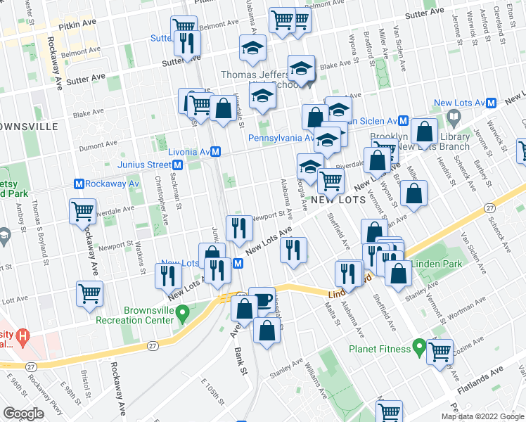 map of restaurants, bars, coffee shops, grocery stores, and more near 560 Williams Avenue in Brooklyn