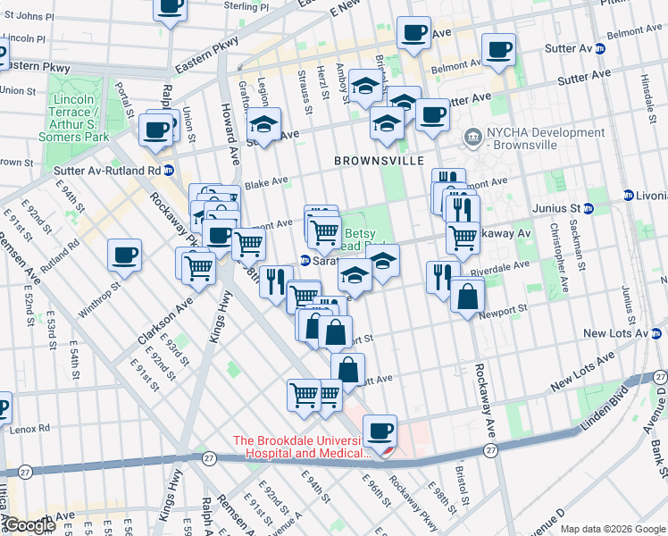 map of restaurants, bars, coffee shops, grocery stores, and more near 2133 Strauss Street in Brooklyn