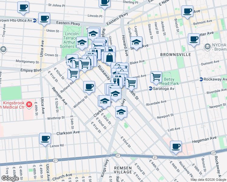 map of restaurants, bars, coffee shops, grocery stores, and more near 196 Roackaway Parkway in Brooklyn
