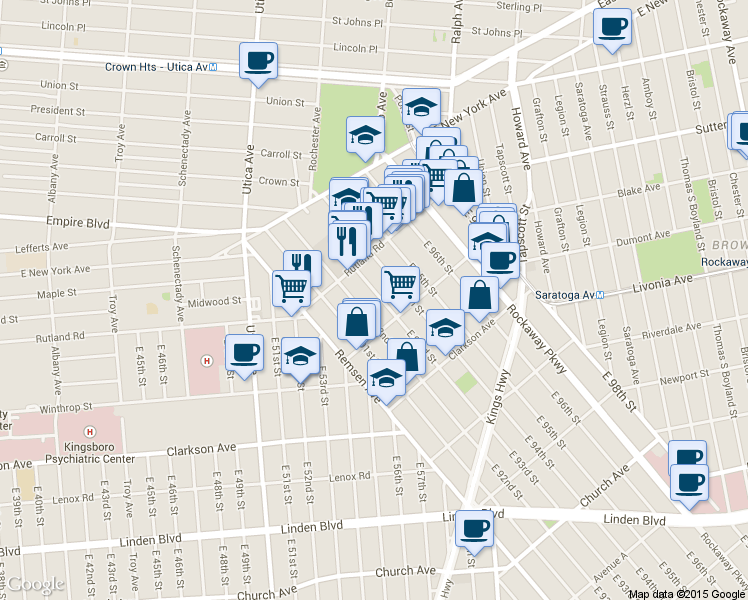 map of restaurants, bars, coffee shops, grocery stores, and more near 131 East 93rd Street in Brooklyn