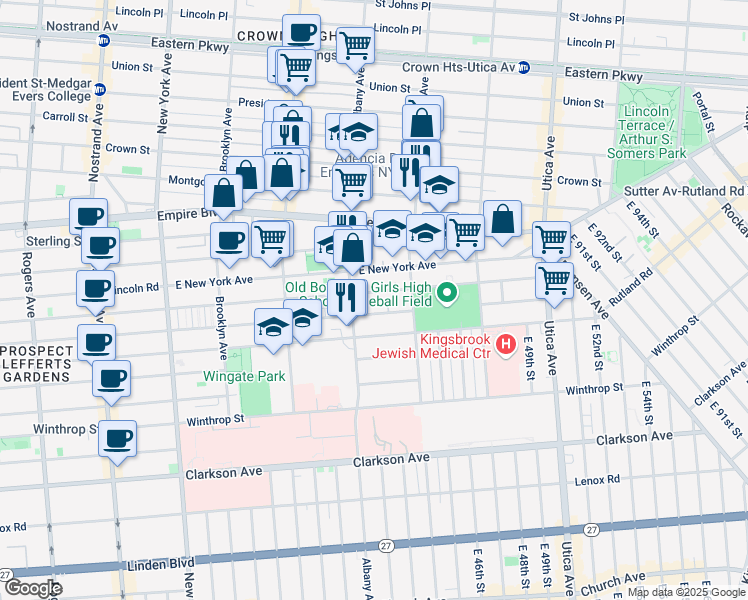 map of restaurants, bars, coffee shops, grocery stores, and more near 700 East New York Avenue in Brooklyn
