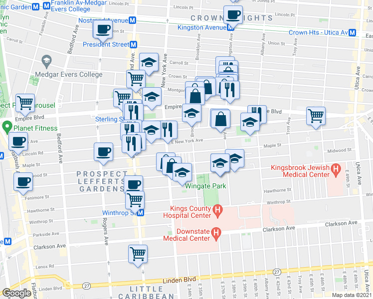 map of restaurants, bars, coffee shops, grocery stores, and more near 519 Brooklyn Avenue in Brooklyn